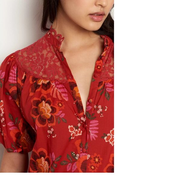 Anthropologie Farm Rio Giustina Lace Blouse top buttondown floral red new XS - Picture 6 of 14
